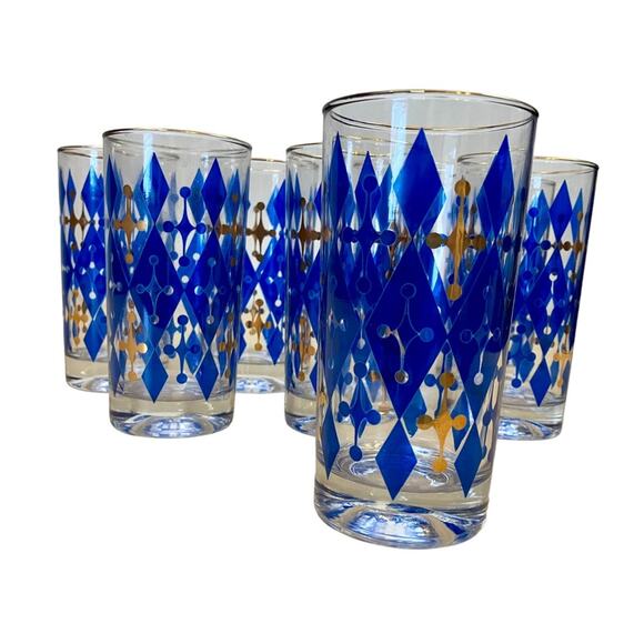MCM Vintage Highball Glasses Blue Diamond Set of 8 With Cabby - Picture 7 of 7